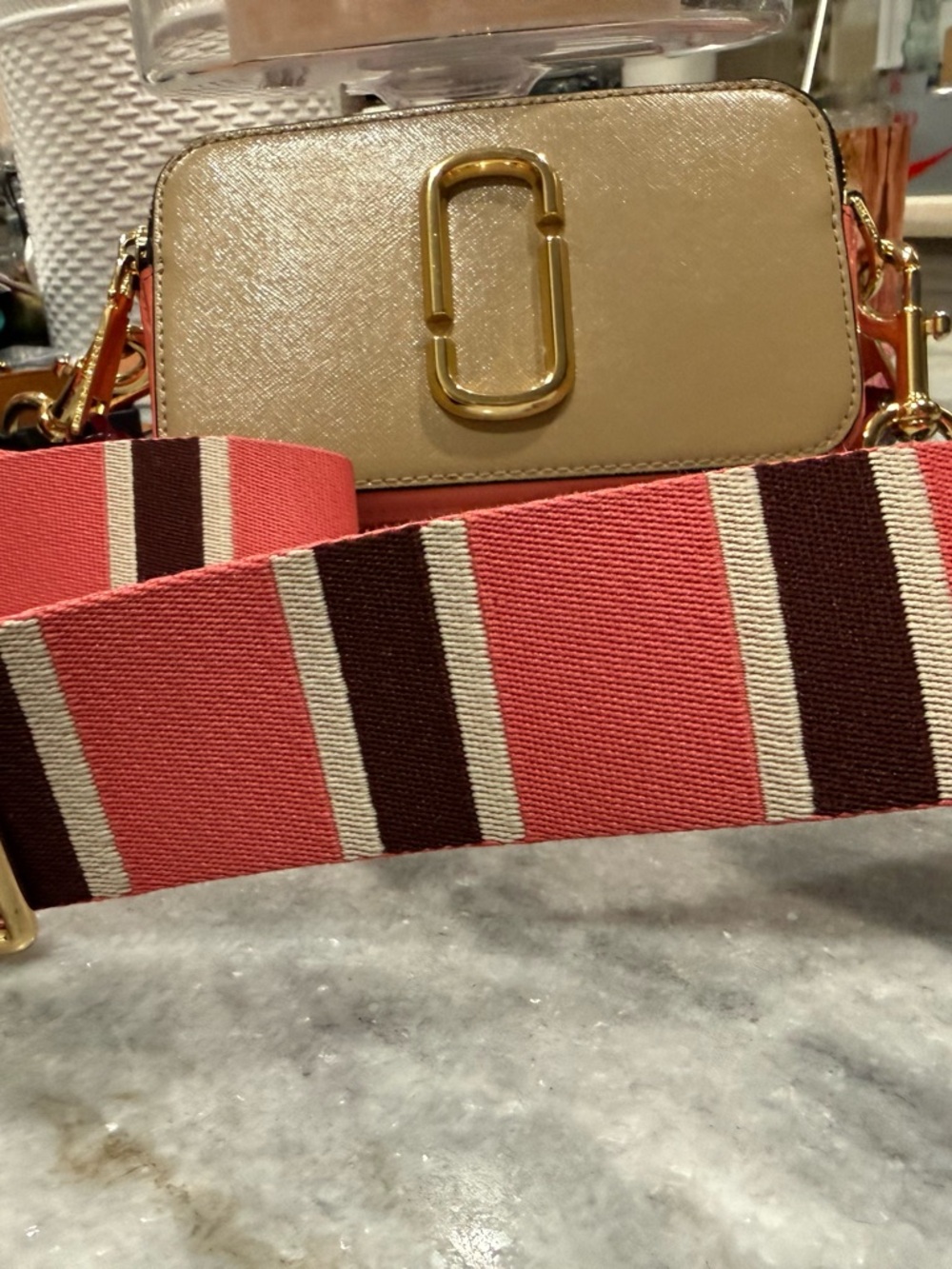 Marc Jacobs Micro Snapshot Beige Camera Crossbody with Pink-Striped Strap, EUC. - Picture 5 of 16